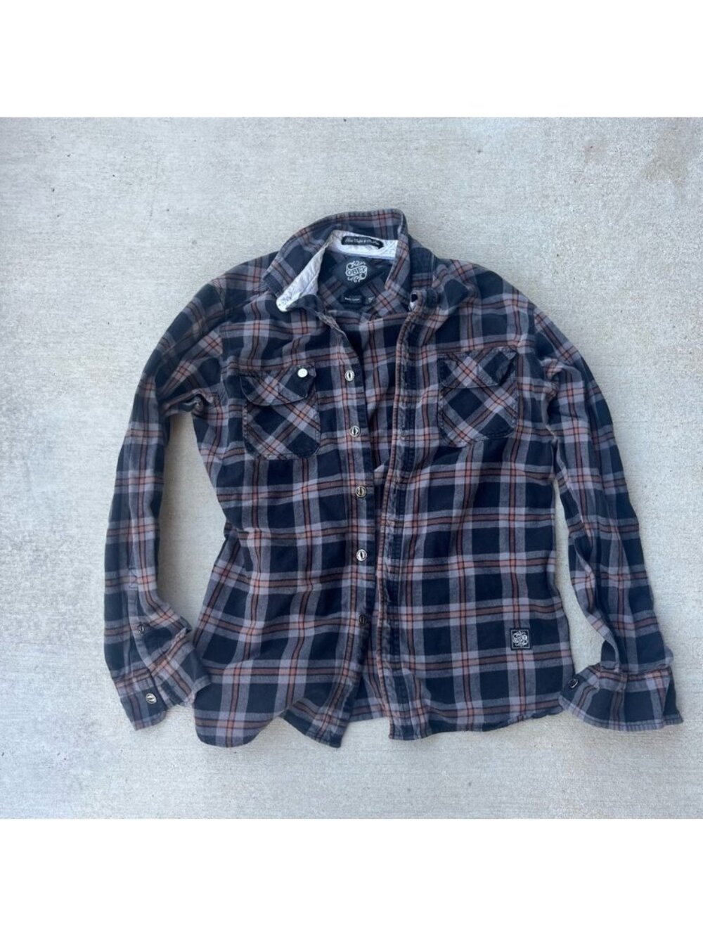 Obey Black Grey White Orange Oversized Button Up Flannel‎ Size M 100% Cotton